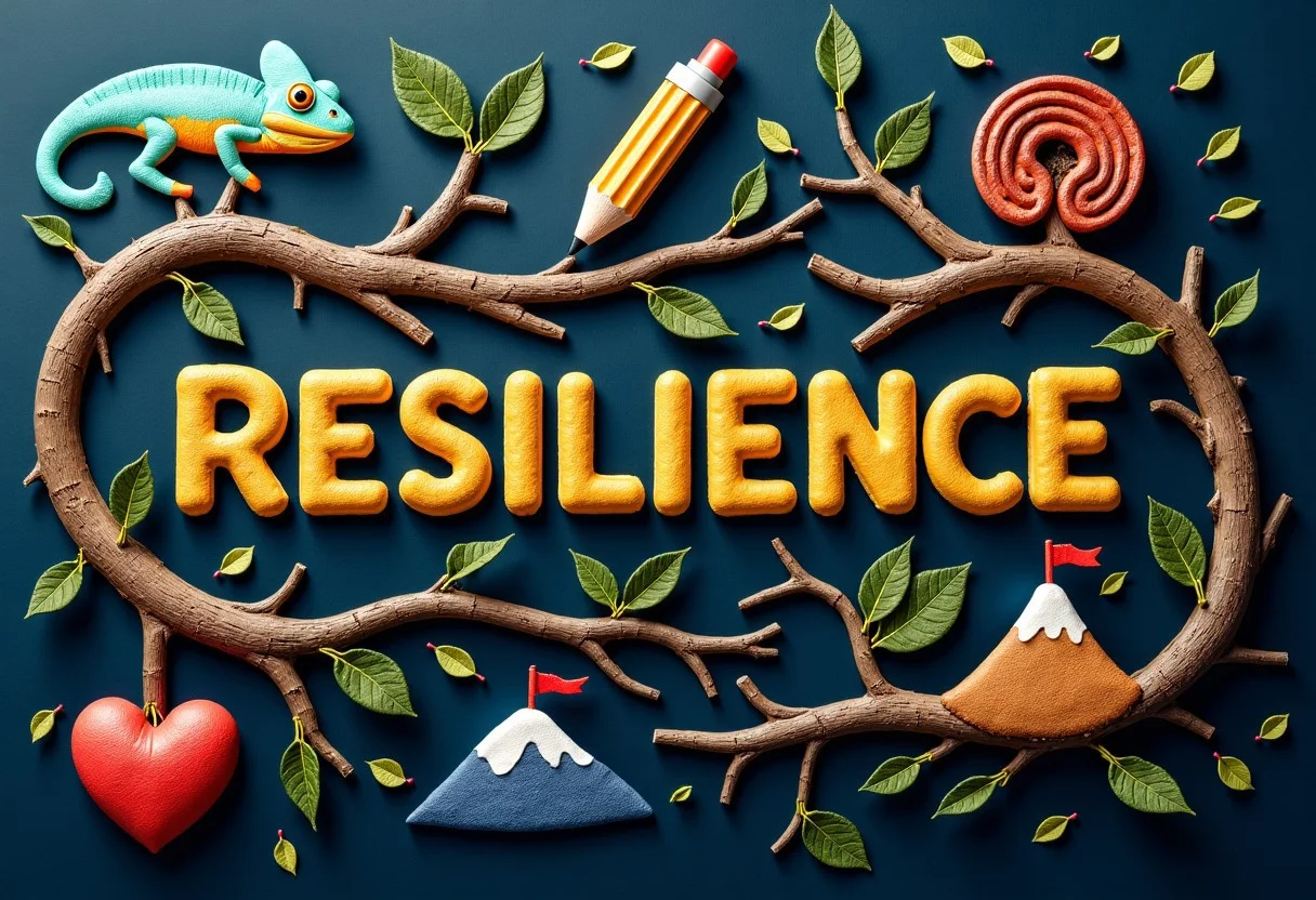 An analograffiti centered around the concept of Resilience, with the word "RESILIENCE" written in strong, bold lettering. From this central word, thick, sturdy branches extend, each one holding a different aspect of resilience. "Adaptability" is illustrated with a chameleon changing colors, capturing the ability to adjust in any situation. "Bouncing Back" features a coiled spring, suggesting the energy and strength to rise again after setbacks. "Learning from Failure" is shown with a pencil and eraser, with smudges around it, signifying the lessons gained from mistakes. "Inner Strength" is represented by a heart encased in armor, emanating a warm glow. "Embracing Challenges" is depicted as a mountain with a winding path leading to the top, dotted with flags at different stages, representing growth. The entire image conveys a sense of toughness, growth, and unyielding spirit, with dark tones transitioning to brighter shades as one moves outward, signifying progress and endurance.