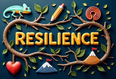An analograffiti centered around the concept of Resilience, with the word "RESILIENCE" written in strong, bold lettering. From this central word, thick, sturdy branches extend, each one holding a different aspect of resilience. "Adaptability" is illustrated with a chameleon changing colors, capturing the ability to adjust in any situation. "Bouncing Back" features a coiled spring, suggesting the energy and strength to rise again after setbacks. "Learning from Failure" is shown with a pencil and eraser, with smudges around it, signifying the lessons gained from mistakes. "Inner Strength" is represented by a heart encased in armor, emanating a warm glow. "Embracing Challenges" is depicted as a mountain with a winding path leading to the top, dotted with flags at different stages, representing growth. The entire image conveys a sense of toughness, growth, and unyielding spirit, with dark tones transitioning to brighter shades as one moves outward, signifying progress and endurance.
