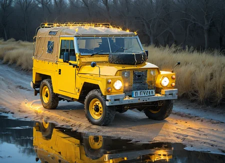 native american man driving a yellow lghtwght land rover, top down, outside, lights, highly detailed, cinematic, colorful, reflections,  energy, engraved
 <lora:Lightweight_Land_Rover_SDXL:0.7> <lora:ArtfullyME_SDXL__v1:0.7> Artme