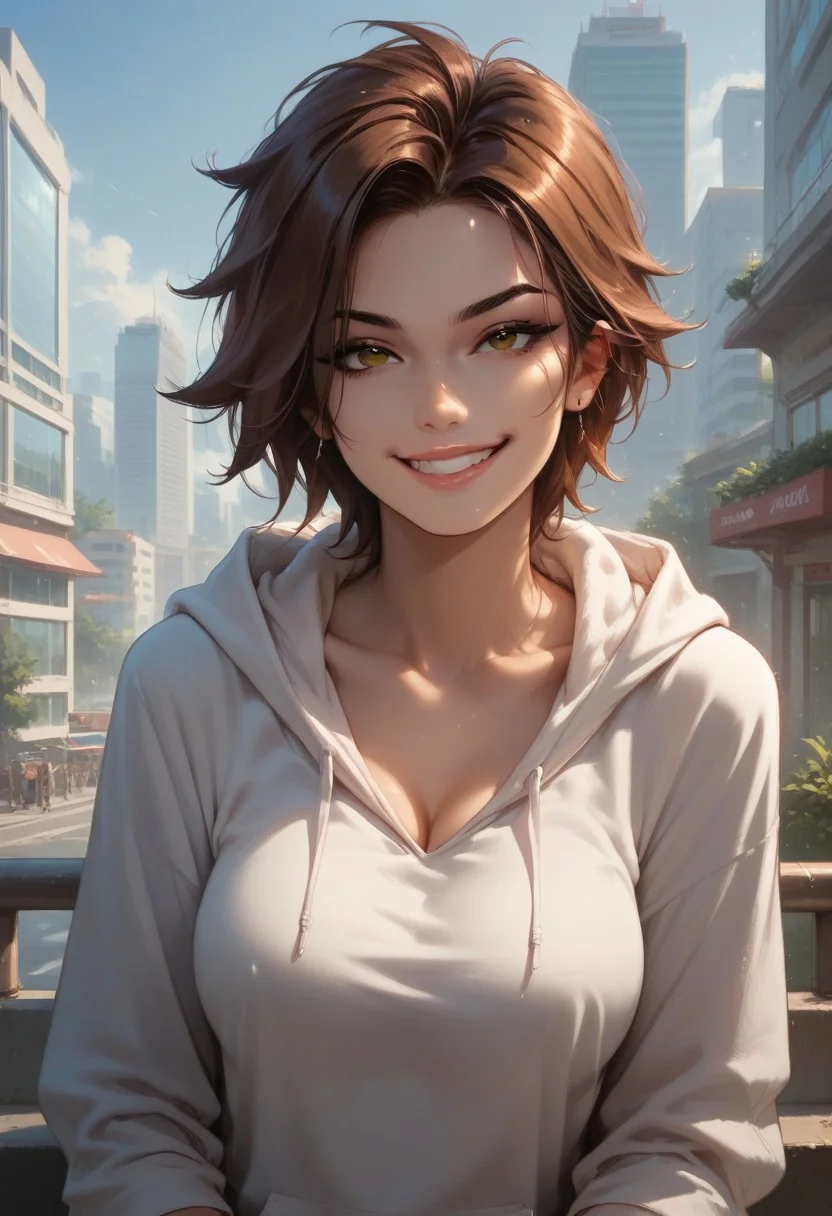 score_9, score_8_up, score_7_up, confident, solo, hoodie, brown hair, sassy, tomboy, 1girl, naughty smile, beautiful,large breasts, outdoors, city, buildings