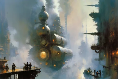 <lora:John Berkey Style:1> John Berkey Style page, steampunk cityscape,fog, smoke, (masterpiece:1.2), best quality