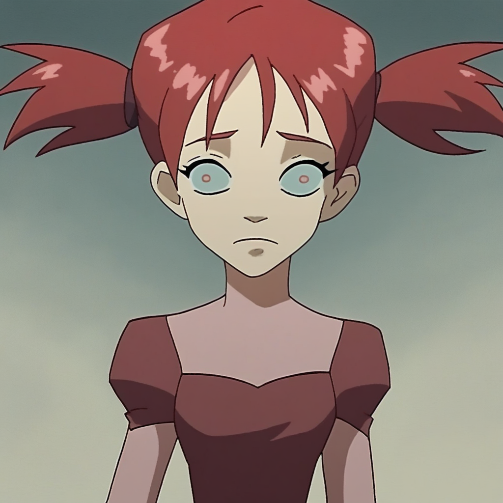 score_9, solo, 1girl, twin tails, red hair, marcher_eyes, small pupils, dress,