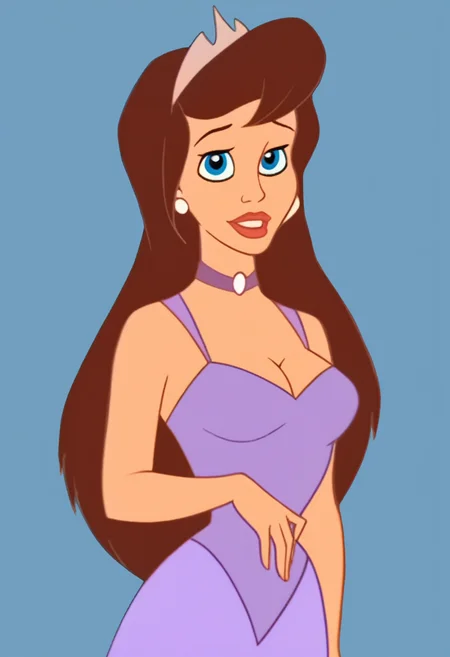 score_9, score_8_up, score_7_up, looking at viewer, <lora:PrincesspersonPDXL:0.9> princessclaraxl, long hair, brown hair, blue eyes, earrings, choker, tiara, makeup, lipstick, purple dress, cleavage, medium breasts,