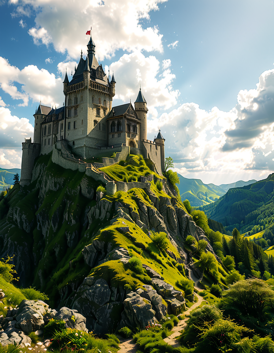 A realistic photograph of a grand medieval castle,medieval c4stl3, perched atop a rugged hill, surrounded by a scenic landscape. The castle is constructed from weathered gray stone, with tall, imposing towers, battlements, and a fortified wall encircling its perimeter. A large central keep rises above the other structures, its windows narrow and arched, evoking a sense of strength and history.
The hill is covered in patches of green grass and rocky outcrops, with a winding dirt path leading up to the castle gates. In the foreground, the surrounding countryside stretches out, dotted with small trees and wildflowers, while in the distance, rolling hills and a faint mist add depth and atmosphere to the scene. The sky above is partly cloudy, with rays of sunlight breaking through, casting dramatic shadows on the castle and hill.
The overall mood is majestic and timeless, capturing the grandeur and mystery of medieval architecture in harmony with its natural surroundings.<lora:SDXLFaeTastic2400:0.4> <lora:extremely_detailed:0.4> extremely detailed, <lora:medieval_c4stl3:1>, Masterpiece,best quality,hi res,8k,hi res,8k,award winning,(sharp focus, intricate, highly detailed),