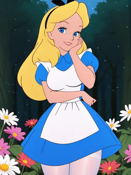 highres, hi res, best quality, masterpiece, intricate details, absurdres, 4k, (anime screencap:1.1),
1girl, hand on own cheek, forest around multiple flowers, magic particles, cute pose, medium breasts, naughty face, smile, looking at viewer, cute, detailed landscape, cowboy shot,
<lora:AliceinWonderlandXLIllustrous_character:1>, AliceWaifu, blonde hair, blue eyes, white apron, blue dress, puffy sleeves, white pantyhose,