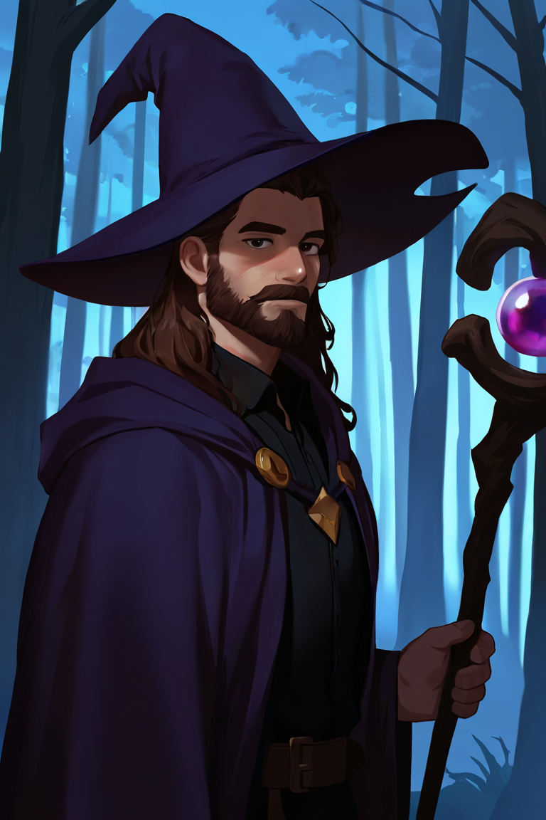 masterpiece, best quality, highres, newest, low light, dark, 1boy, solo, male focus, mature male, wizard, long hair, brown hair, black eyes, looking at viewer, hat, facial hair, beard, mustache, staff, wizard hat, purple hat, black shirt, collared shirt, robe, purple robe, hooded cloak, holding, holding staff, upper body, closed mouth, standing, outdoors, forest, nature, tree, fog, dark background <lora:Smooth Anime - Night [LoRA] - NoobAI-XL EPS 1.0:1>