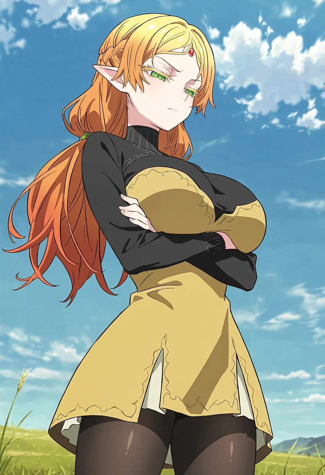 masterpiece, best quality, amazing quality, very aesthetic, absurdres, newest, scenery, 1girl, solo, huge breasts, serious, half-closed eyes, <lora:Sui illustxl:0.9> pointy ears, elf, blonde hair, long hair, green eyes, colored eyelashes, orange hair, forehead jewel, low twintails, french braid, gradient hair, red gemstone, turtleneck, black shirt, long sleeves, yellow dress, short dress, black pantyhose, shiny skin, blue sky, grasslands, outdoors, standing, crossed arms, from below, looking down, anime screenshot, masterpiece, best quality, amazing quality, very aesthetic, absurdres, newest, scenery, volumetric lighting