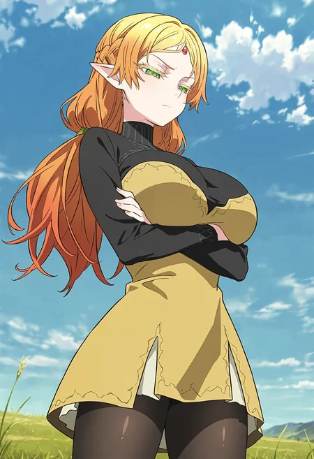 masterpiece, best quality, amazing quality, very aesthetic, absurdres, newest, scenery, 1girl, solo, huge breasts, serious, half-closed eyes, <lora:Sui illustxl:0.9> pointy ears, elf, blonde hair, long hair, green eyes, colored eyelashes, orange hair, forehead jewel, low twintails, french braid, gradient hair, red gemstone, turtleneck, black shirt, long sleeves, yellow dress, short dress, black pantyhose, shiny skin, blue sky, grasslands, outdoors, standing, crossed arms, from below, looking down, anime screenshot, masterpiece, best quality, amazing quality, very aesthetic, absurdres, newest, scenery, volumetric lighting