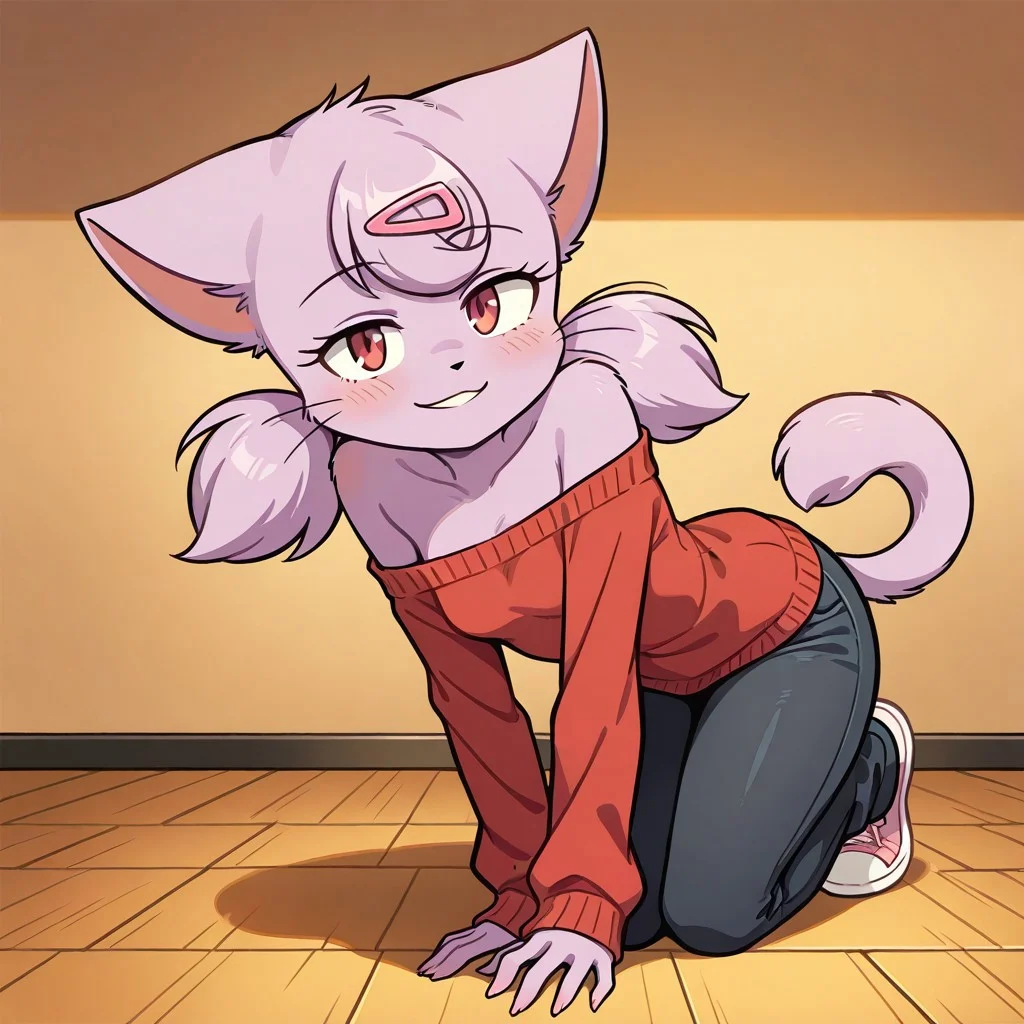 Jessica(BCB), solo, 1girl, anthro, female furry, catgirl, purple fur, crimson eyes, twintails, hair turf, hair clip, full body, looking at viewer, small breasts, coy smile, leaning towards viewer, detailed sexy eyes, pretty face, exposed shoulders, sweater, black denim pants,