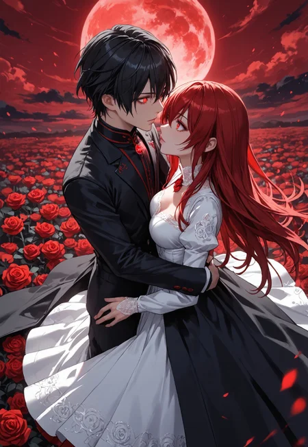 safe_pos, Masterpiece,best quality,highresolution,very aesthetic,anime style,detailed eyes,MythAn1m3,
female,heartshaped face,very thin lips,upturned nose,dark_red hair,long hair,straight hair,long bangs,hair between eyes,glowing red eyes,eyeliner,medium breasts,
knife pleated dress with puffy Long sleeves,white dress,red sleeves,lace-trimmed collar,black corset,large rose flower on chest,
male,black hair,long hair,long coat,black coat,
extreme long shot,overhead shot ,from above,
background ,rose garden,red sky,
night,
1 female,1 male,looking at each other,heart shaped blood moon,negative space, hearts in negative spaces,