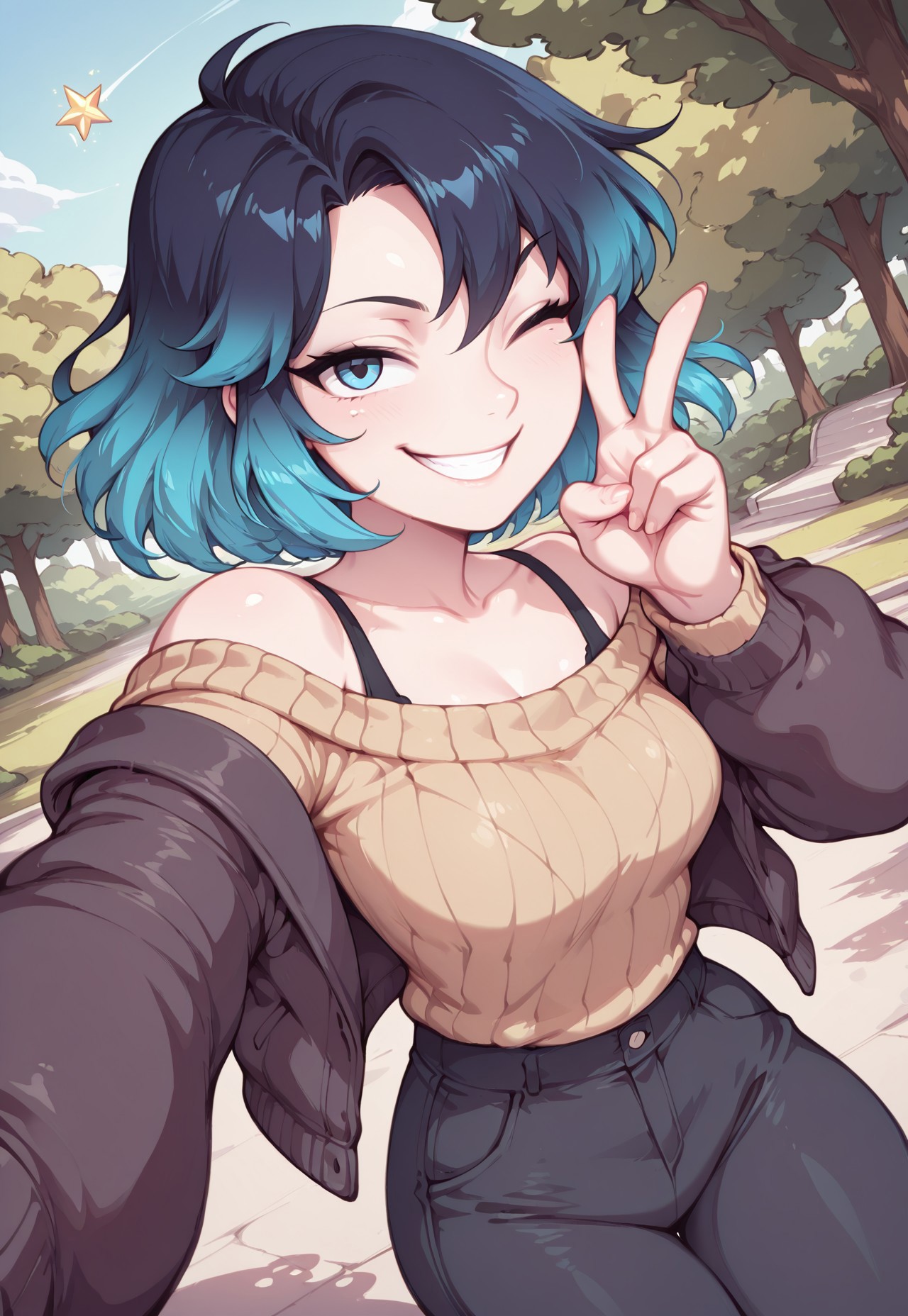 masterpiece, best quality, amazing quality,
1girl, solo, Ra3lyn,
off-the-shoulder sweater, pants, jacket, bra strap, gradient hair, face, close up, dark clothes, looking at viewer, park, nature, daytime, playful grin, v, wink, dynamic pose, dynamic angle, floating star