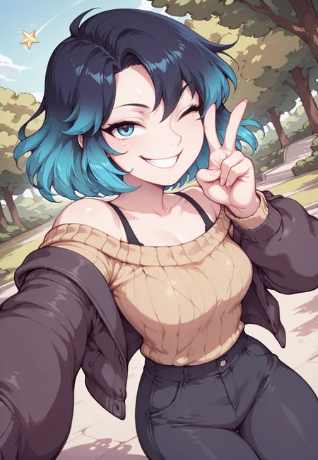 masterpiece, best quality, amazing quality,
1girl, solo, Ra3lyn,
off-the-shoulder sweater, pants, jacket, bra strap, gradient hair, face, close up, dark clothes, looking at viewer, park, nature, daytime, playful grin, v, wink, dynamic pose, dynamic angle, floating star