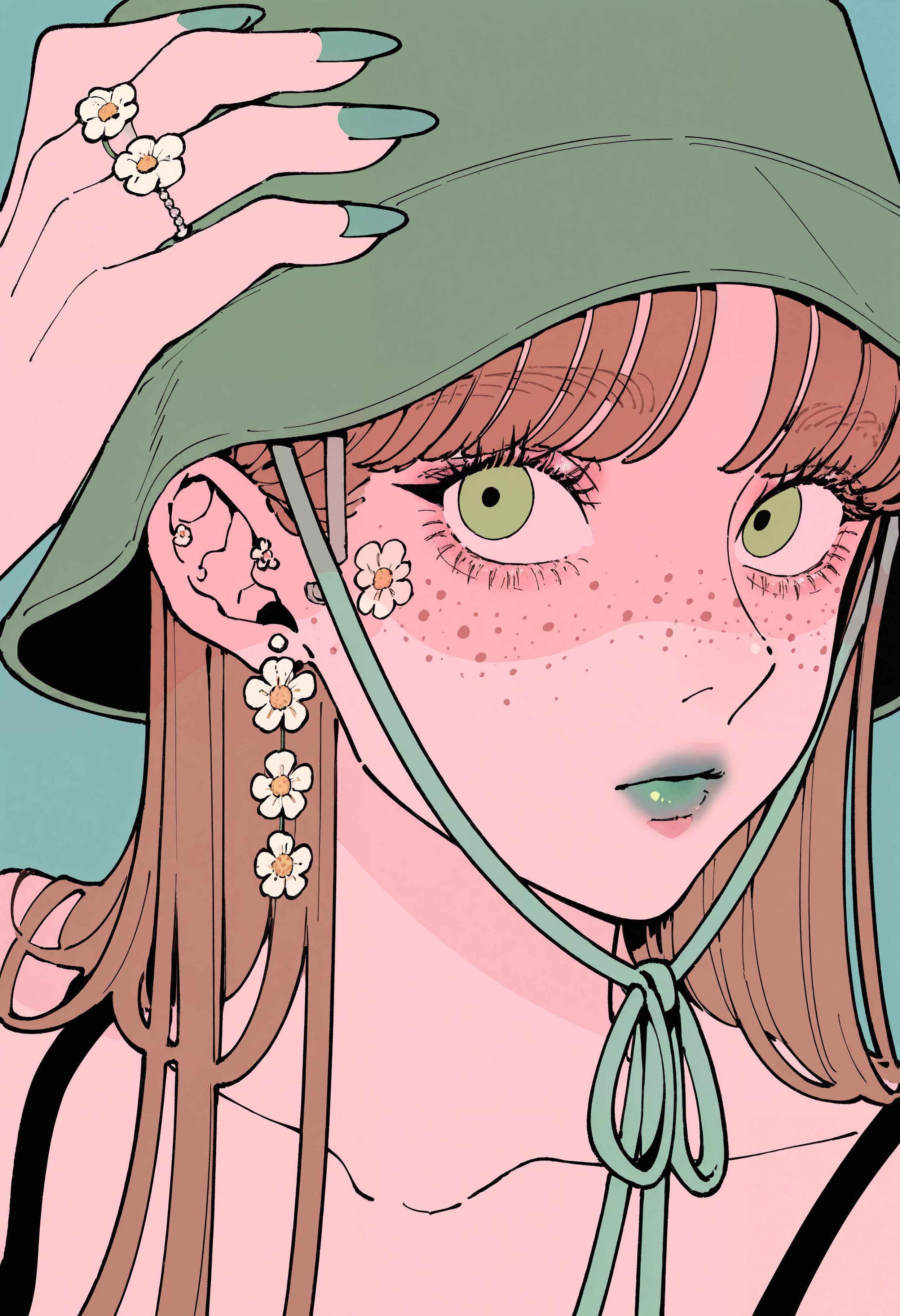 masterpiece, absurdres, newest, very awa,   flat color,  1girl, solo, green eyes, brown hair, freckles, collarbone, bucket hat, rings, lipstick, nail polish,    face focus, hand on headwear, flower earrings,   <lora:pantz41>
