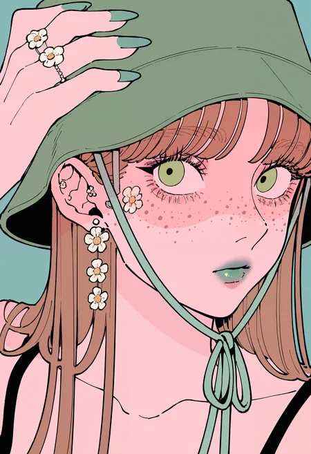 masterpiece, absurdres, newest, very awa, flat color, 1girl, solo, green eyes, brown hair, freckles, collarbone, bucket hat, rings, lipstick, nail polish, face focus, hand on headwear, flower earrings, <lora:pantz41>