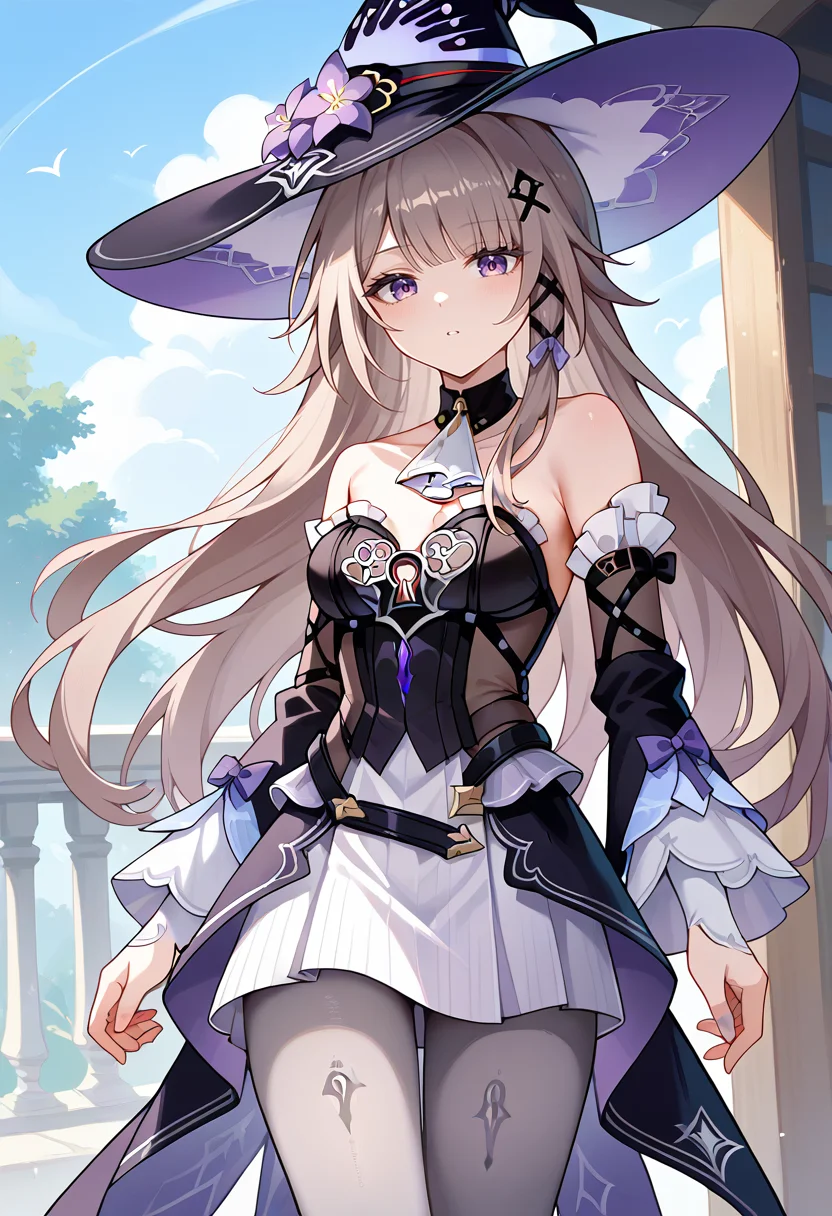score_9,score_8_up,score_7_up,score_6_up,score_5_up,score_4_up,
1girl, the herta \(honkai: star rail\), long hair, witch hat, strapless dress, detached sleeves, ascot, x hair ornament, grey pantyhose, breasts, detached collar,
outdoors, cowboy shot, solo,
<lora:thehertaponyxl6:1>