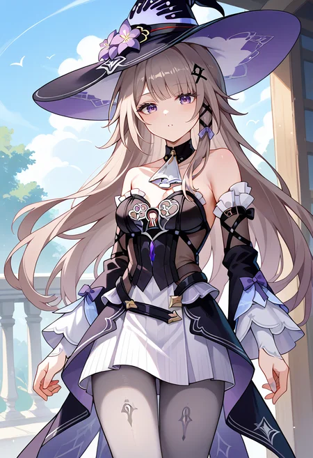 score_9,score_8_up,score_7_up,score_6_up,score_5_up,score_4_up,
1girl, the herta \(honkai: star rail\), long hair, witch hat, strapless dress, detached sleeves, ascot, x hair ornament, grey pantyhose, breasts, detached collar,
outdoors, cowboy shot, solo,
<lora:thehertaponyxl6:1>