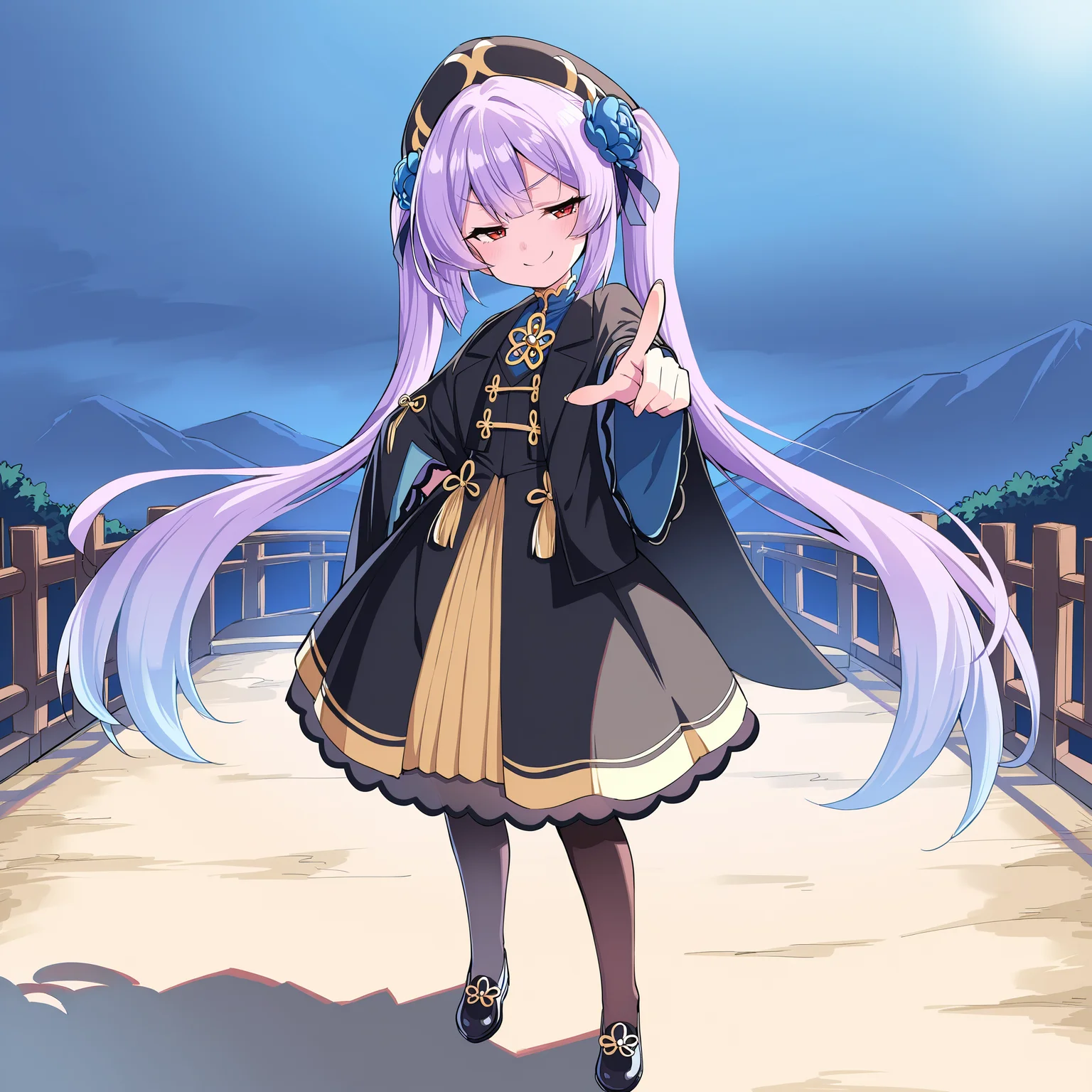 (masterpiece), (best quality), (ultra-detailed), (best illustration), (best shadow), (absurdres), (detailed background), (very aesthetic), 1girl, solo, <lora:Dong_Bai:1>, Dong Bai, red eyes, lavender hair, very long hair, black hat beret, twintails, blue hair flower, hair ornament, black capelet, black chinese clothes, skirt, pantyhose, shoes, full body, pov, pointing at viewer, smug, battlefield background, dynamic angle