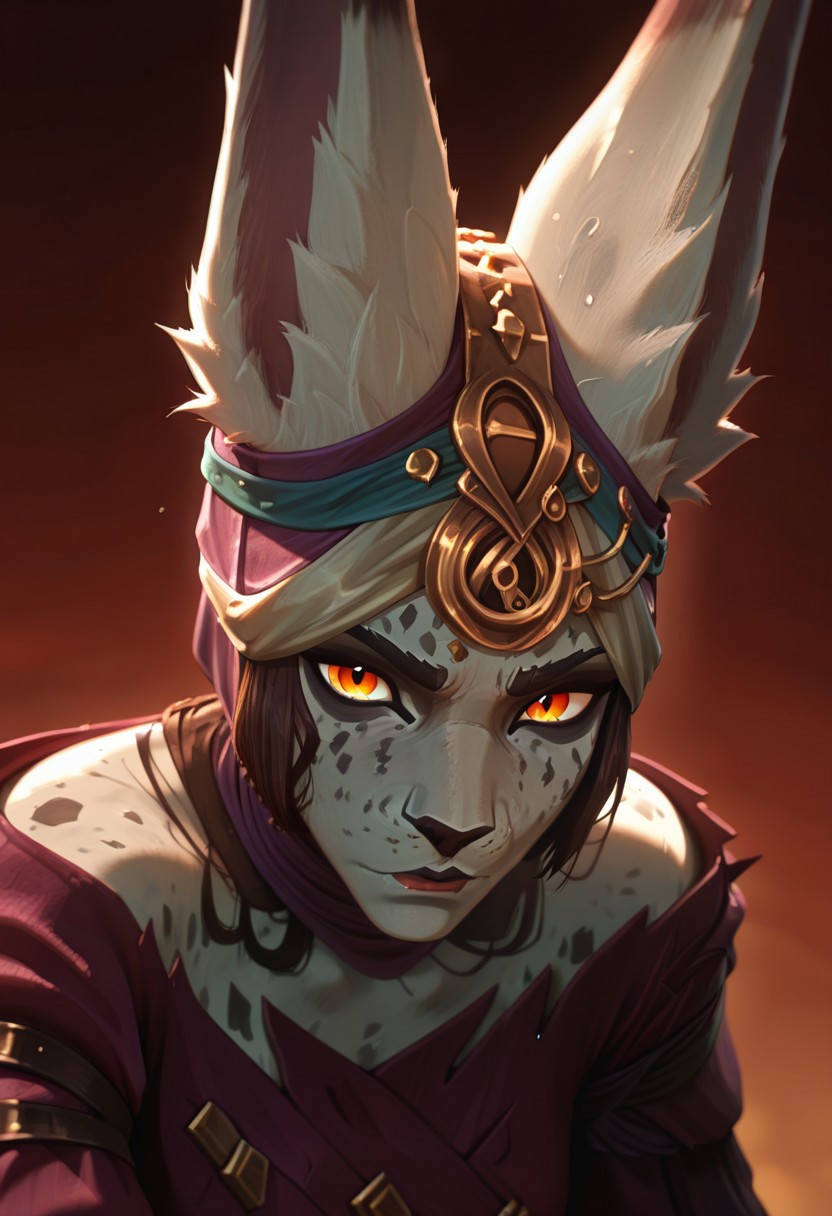 masterpiece, best quality, newest, absurdres, highres, DFOP-V2.0, arcane, arcane style, 1girl, LeastArcaneVastayaoutfit1, animal ears, furry female, long ears, grey skin, orange eyes, colored skin ears through headwear,