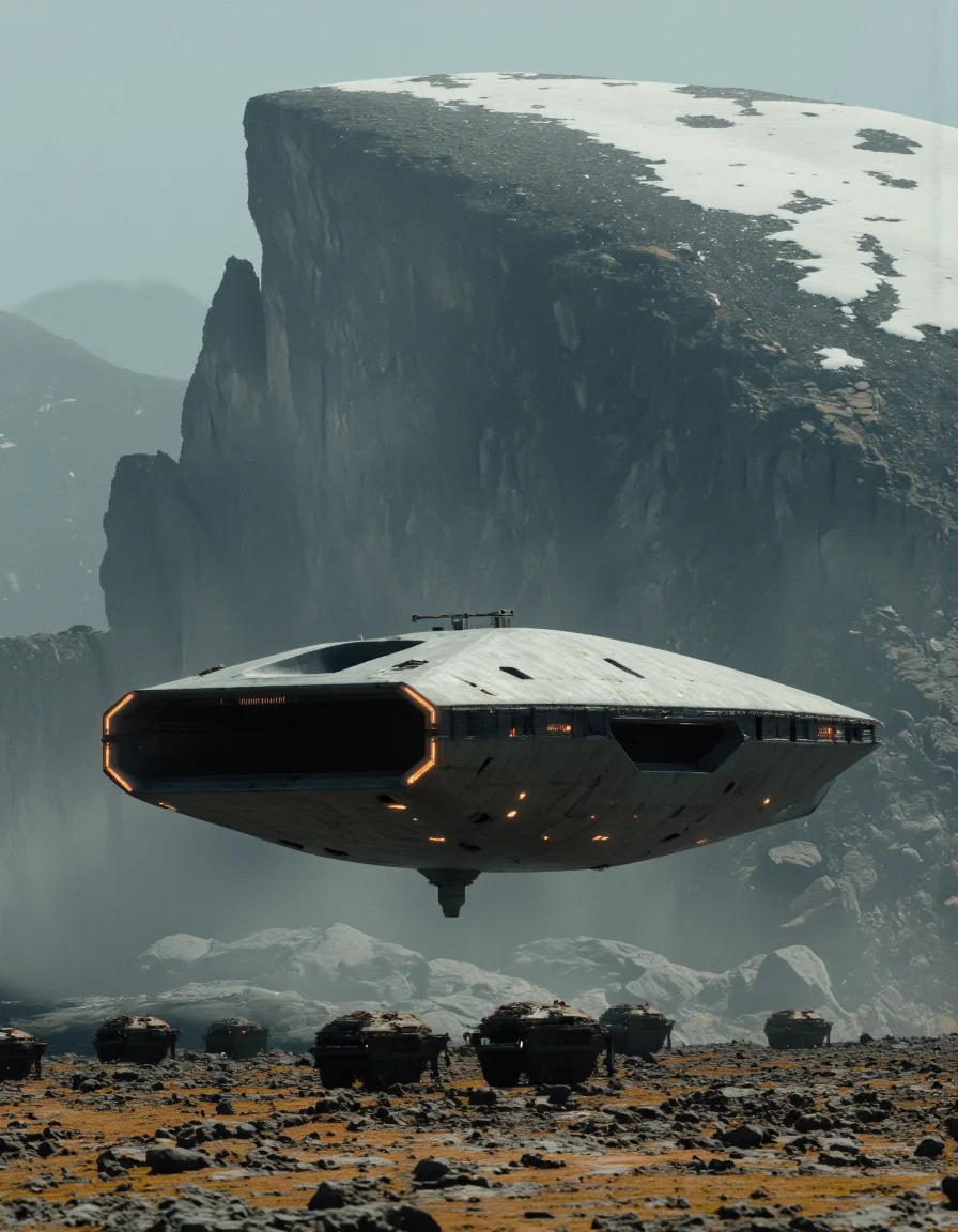 By Paul Chadeisson. A photo-realistic shoot from below about a futuristic spaceship flying over a rocky landscape with a large rock formation in the background. the image also shows a dramatic and atmospheric scene. on the middle of the image, a large, futuristic spaceship appears to be floating in the air, with a sleek, metallic design and glowing orange lights at the front. the ship has a pointed nose and a stern, and there are several smaller, armored vehicles on the ground below it. the background features a rocky mountain with snow-capped peaks, and the sky is filled with a hazy, misty atmosphere.