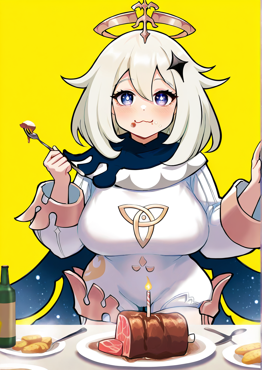 <lora:Gino:1>,+_+, 1girl, paimon \(genshin impact\), detailed background, huge breasts, wide hips, , :3, blue eyes, blush, cake, cape, closed mouth, eating, food, food on face, hair ornament, halo, hand up, long sleeves, looking at viewer, meat, plate, short hair, sitting, smile, solo, star-shaped pupils, star (symbol), star hair ornament, symbol-shaped pupils, white hair, yellow background, 
very awa, masterpiece, best quality, highres, absurdes,amazing quality
