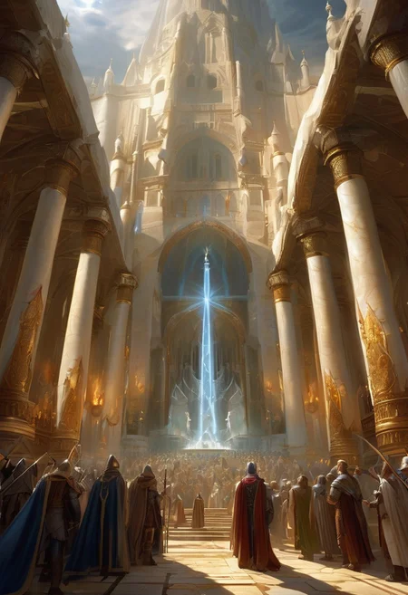a large group of people standing in front of a large white flag in a church, award-winning fantasy art, elegant cinematic fantasy art, ancient kings in white robes, epic fantasy artwork, award winning fantasy art, epic fantasy painting, epic fantasy style art, epic fantasy digital art, epic fantasy digital art style, stormlight archive, amazing d & d art, epic fantasy art, d & d fantasy art, epic fantasy illustration, epic fantasy art style, epic fantasy card game art, fantasy epic digital art, heroic fantasy art, cinematic fantasy painting, the fall of gondolin
