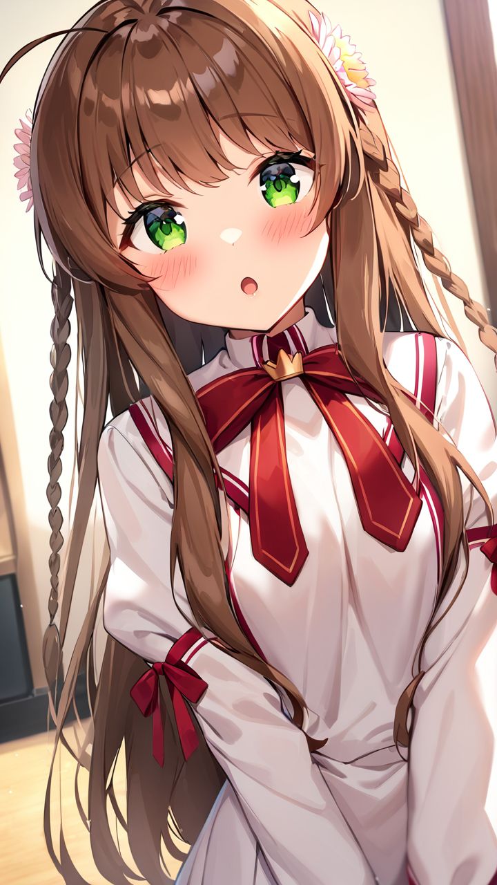 masterpiece,best quality,very aesthetic,absurdres, <lora:XL kanbe_kotori:1>,1girl,kanbe_kotori,solo,Standing on the ground,frontal,front view,Positive por,masterpiece,best quality,very aesthetic,absurdres, kanbe_kotori, 1girl, solo, school uniform, flower, blush, ahoge, looking at viewer, open mouth, upper body, :o, bow