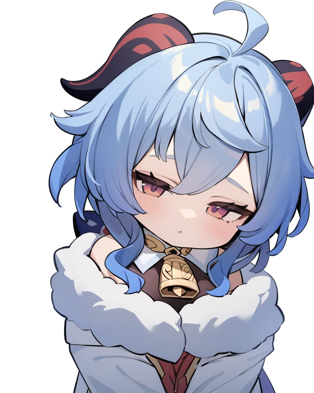 masterpiece,best quality,<lora:ganyu_new:1>,ganyu_(child), 1girl, ganyu \(genshin impact\), solo, white background, neck bell, hood, chibi, simple background, fur trim