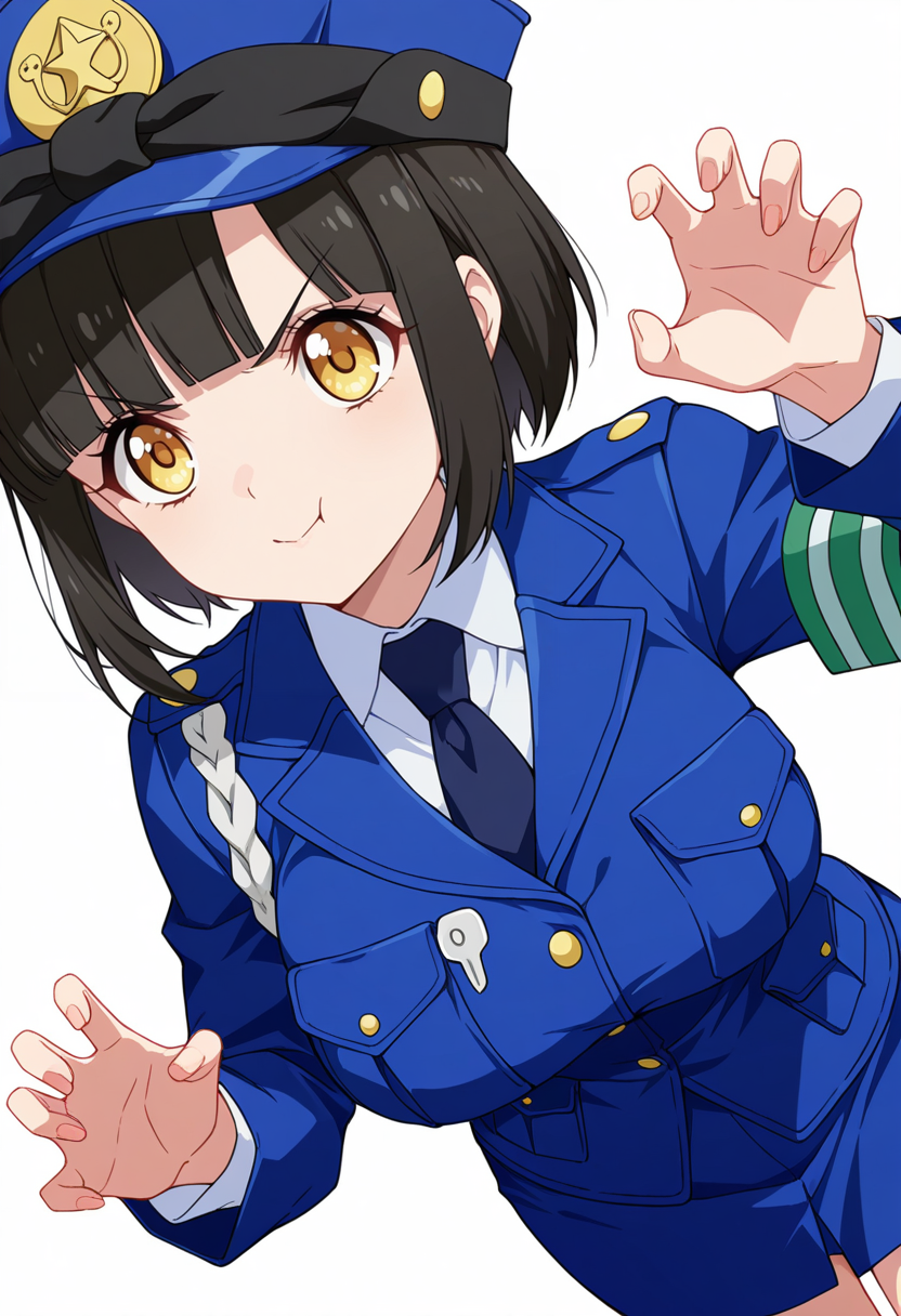 Smooth Quality,masterpiece,very intricate, high quality details, ultra realistic, high detailed skin,detailed enviorement,absurdres,
claw pose,
 <lora:Tachibana_Mei_CNR:0.8> mei_cnr,  black hair, short hair, bob cut, blunt bangs, yellow eyes, large breasts,mei_cnr_def, 1girl,police uniform, blue jacket, shirt, collared shirt, pencil skirt, blue necktie, armband, police hat, breast pocket,black footwear,, serious,, simple background, white background, dutch angle,solo,