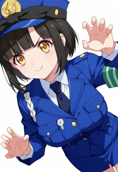 Smooth Quality,masterpiece,very intricate, high quality details, ultra realistic, high detailed skin,detailed enviorement,absurdres,
claw pose,
<lora:Tachibana_Mei_CNR:0.8> mei_cnr, black hair, short hair, bob cut, blunt bangs, yellow eyes, large breasts,mei_cnr_def, 1girl,police uniform, blue jacket, shirt, collared shirt, pencil skirt, blue necktie, armband, police hat, breast pocket,black footwear,, serious,, simple background, white background, dutch angle,solo,