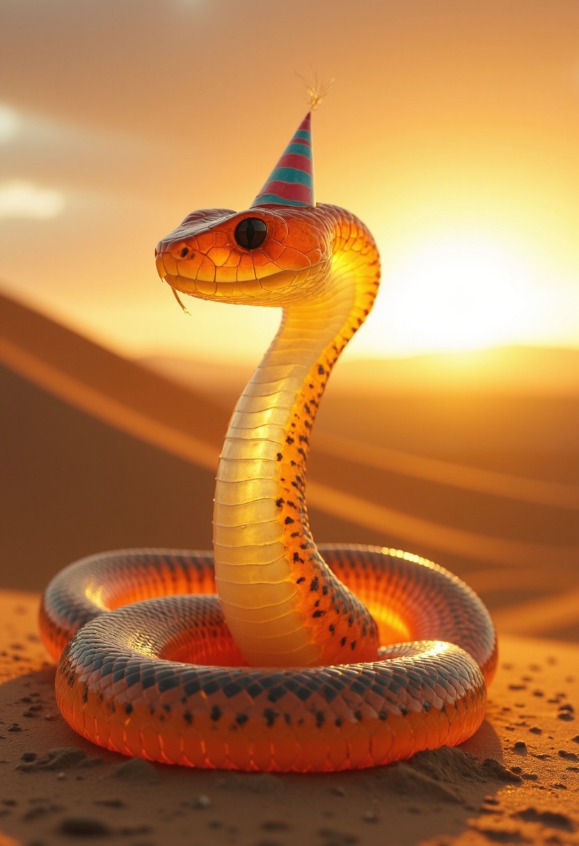 sss, subsurface scattering, translucent. The image is a high-resolution photograph of a translucent venomous snake, placed in a sunlit desert. The sun shines brightly from behind, making the snake's body glow with a soft, ethereal light, as sunlight passes through its translucent scales. The snake's body features a gradient of translucent orange-white with deep blacks. Its translucent scales have a smooth, reflective texture that highlights the glowing, translucent quality. The snake's head is prominently displayed, with its large, almond-shaped, black eye with a vertical slit pupil, giving it an alert and intelligent expression, slightly raised as if it’s surveying its surroundings.
The background features the vast, dry expanse of the desert, with golden sand dunes stretching into the distance, bathed in warm sunlight. The contrast between the glowing snake and the sunlit desert landscape creates a mystical and captivating effect. The snake wears a small, colorful party hat and smiles, adding an unexpected, whimsical touch to the otherwise dramatic scene. The lighting is soft yet natural, enhancing the translucent quality of the snake’s body and the depth of its colors, making the intricate details of its scales and the glowing effect even more pronounced.