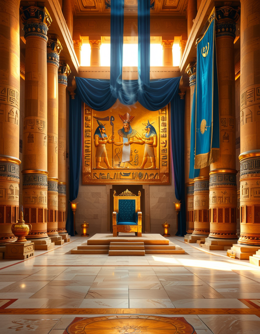 A grand and majestic ancient Egyptian throne room, illuminated by the warm glow of oil lamps and torches mounted on the intricately carved sandstone walls. The room is vast, with towering columns adorned with gold-inlaid hieroglyphs and bas-reliefs depicting gods such as Ra, Osiris, and Anubis, as well as scenes of royal ceremonies and offerings. The walls are covered with colorful frescoes, painted in deep shades of blue, red, and gold, telling the stories of ancient pharaohs and their divine rule.
At the center of the hall, an ornate golden throne rests atop a raised stone platform, accessible by a few steps. The throne is adorned with intricate carvings of winged sun disks, sacred cobras, and falcon motifs, symbolizing power and divine protection. The seat and backrest are encrusted with lapis lazuli, turquoise, and carnelian, creating a striking contrast against the polished gold. Two large stone statues of sphinxes flank the throne, their watchful eyes seeming to guard the empty seat of power.
The polished limestone floor reflects the flickering golden light of the torches, creating an almost mystical atmosphere. Large braziers shaped like lotus flowers release thin trails of fragrant incense smoke, adding to the sacred and mysterious ambiance of the room.
In the background, massive stone doors, partially open, reveal a glimpse of an open courtyard with palm trees and a distant view of the Nile River under a twilight sky. Through the high ceilings, small openings allow beams of moonlight to filter in, casting soft silver highlights across the chamber, blending with the warm tones of the torchlight.
The atmosphere is one of silence, mystery, and timeless majesty, as if the room has been left untouched for centuries, awaiting the return of a forgotten ruler.
<lora:SDXLFaeTastic2400:0.4> <lora:extremely_detailed:0.4> extremely detailed, <lora:ancient_Egyptian_thr0n3_r00m:1>,ancient Egyptian thr0n3 r00m, Masterpiece,best quality,hi res,8k,hi res,8k,award winning,(sharp focus, intricate, highly detailed),