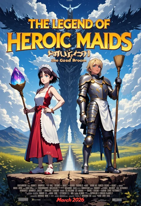 Concept:
A masterpiece high quality poster for an theatrical anime movie.
Style:
4k quality professional anime poster art with vivid vibrant colors, cel-shaded characters, perfect text title, mvpstrCE style, detail eyes, retro_anime.
Main Text:
The title of the movie is  ("THE LEGEND OF HEROIC MAIDS") written at the top in bold large fantasy font with golden trim, and an underline, there is a subtitle under it saying ("The Cursed Broom") in simple yellow fantasy font.
The Characters:
On the Right Side stands a regal blonde female knight in a fancy decorated full plate armor holding a metal broom with a blade at its tip, she is also wearing a long apron and frilly maid headdress on top of her armor, she is standing in sideview but looking at viewer, she has blue eyes.
On the Left Side stands a gorgeous brunette witch wearing a red frilly fancy sleeveless dress and she is holding a magical broom with blue magical crystal at its tip, she is wearing a fancy apron and frilly maid headdress on top of her dress, she is standing in sideview but looking at viewer, she has green eyes.
The Background: 
Vast grassy hills, mountains, epic castle in the distance, a silhouette of a giant evil broom towering over the landscape shrouded in mist infused with dark magic, majestic anime clouds frame scene.
Additional Text At Bottom of Poster:
At the bottom names of fake voice actors usually seen on anime posters, including a release date in ("March 2026") in a red font.