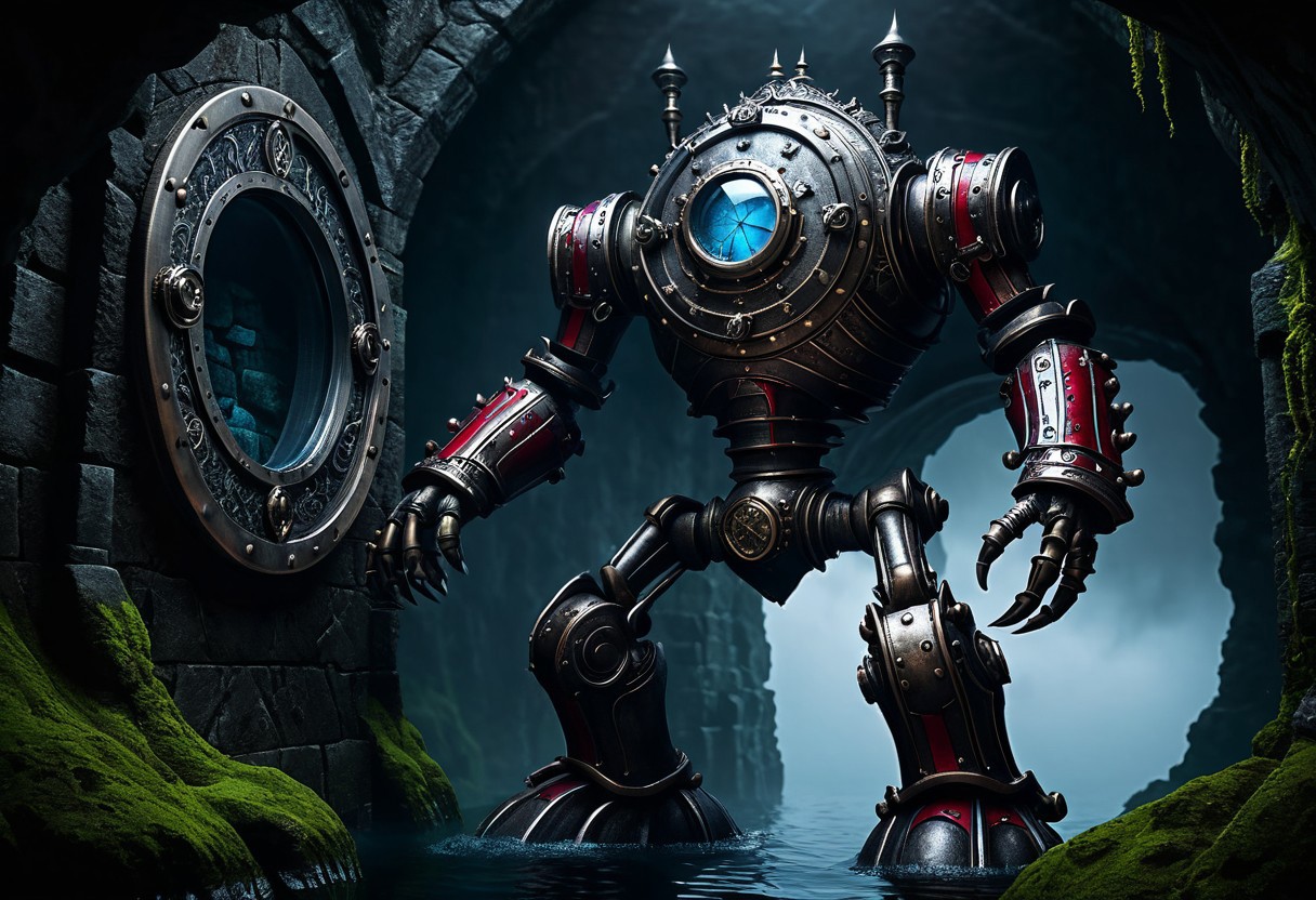 giant bipedal robot steel blue and red stripes and bronze silver paisley robot. lacy robot deep sea diving head. outside of a steampunk keep. large detailed torso. dark image. one forty foot tall ancient robot with great arms and two heavy spring legs. dark foggy night background. $dark foggy night image only. dark photo realistic image. steampunk details. cogs, chains and pipes incorporated in the fantasy buildings. magic wizards tower in background. Dark swamp, moss, castle ruins, wizards tower. stormy dark night. steel nightmare porthole