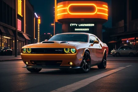 cars fantastic orange, [Dodge Challenger], speed, intricate detail ,neon city background, city background, night, HD. Photograph , in table((realism)), extremely high quality RAW photograph, ultra detailed photograph, sharp focus, high resolution, (detailed skin:1,3),high quality, film grain, Fujifilm XT3,Highly Detailed, movie, (Cinematic Photo:1.3) of (Realistic:1.3)