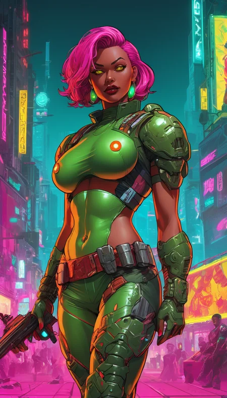 comic Female Doomguy, reimagined in a cyberpunk universe, colorful cyberpunk surroundings, cyberpunk, cyberpunk outfit, cyberpunk art style, glowing multicolored neon lights, cinematic scene, detailed background, piercing eyes, masterpiece, best quality, high quality, intricate, ultra detailed, highres, absurdres, 16k resolution <lora:doomguy_xl_v1:1> <lora:add-detail-xl:1> <lora:neg4all_bdsqlsz_xl_V7:1>  . graphic illustration, comic art, graphic novel art, vibrant, highly detailed