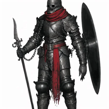 <lora:arielp:1.0>,
(arielpstyle:1.0), dark, horror, creepy, creepy-looking, painting, lovecraftian, grease, painting \(medium\), brush stroke,
man in armor holding a sword and a shield with a chain on it's neck and a red scarf on his head, white background, simple background, solo, weapon, 1boy, armor, full body