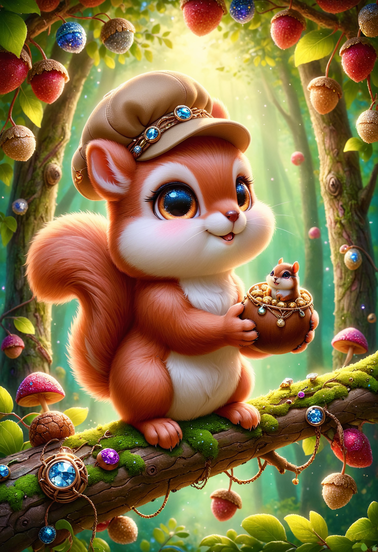 A squirrel perched on a tree branch, wearing a tiny hat and holding an acorn as if it's a treasure, <lora:PinkieChbPtsSDXL:0.8>, p1nkch1b1p3ts, chibi animal, no human,
