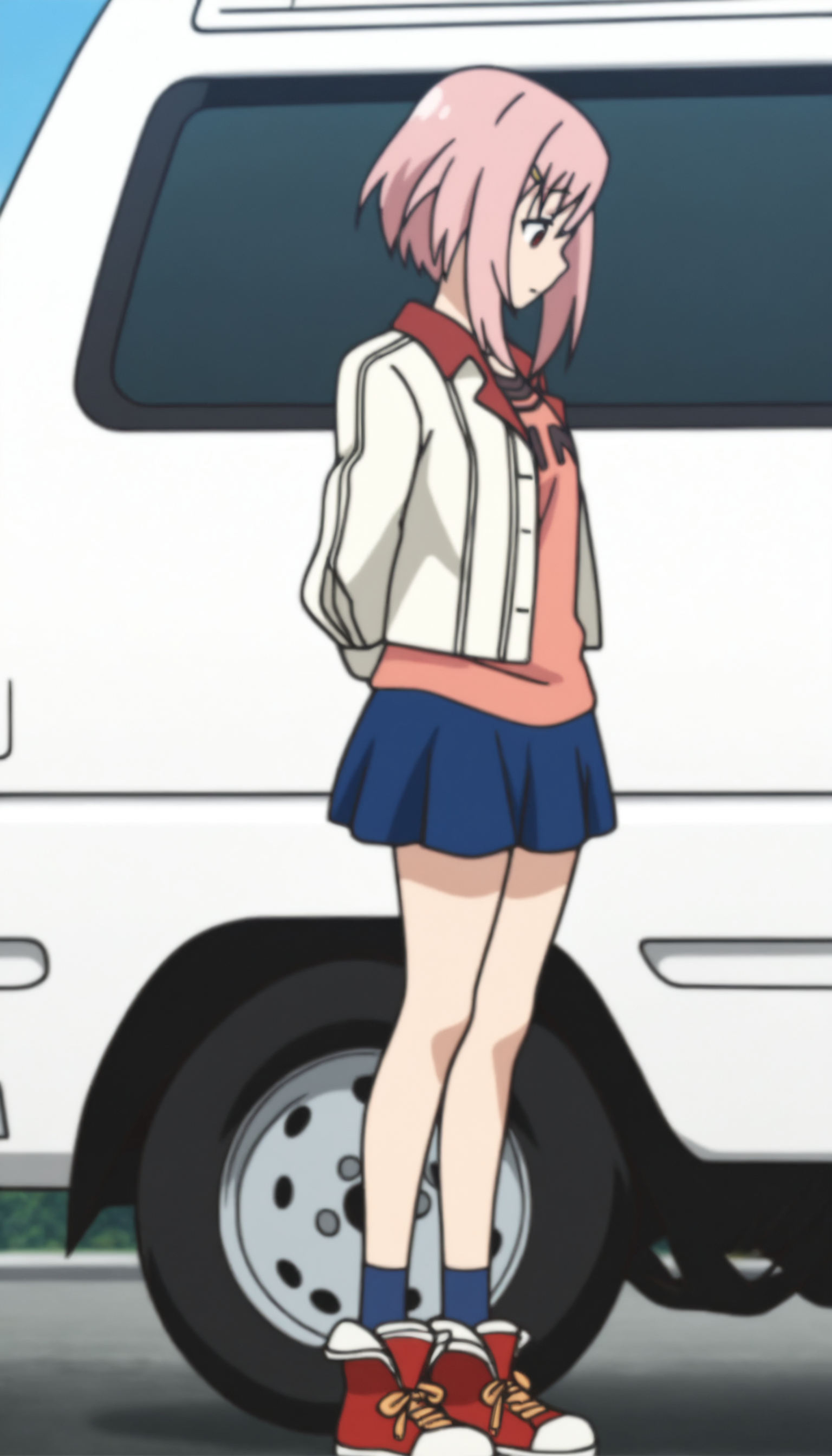 masterpiece,best quality,amazing quality,
<lora:yoshinokoharuNAI:1>,yoshinokoharu,
1girl,solo,pink hair,short hair,bangs,yellow hairpin,red eyes,white jacket,orange tank top,character print on tank top,blue pleated skirt,blue socks,red sneakers,full body,from side,standing,looking down,arms behind back,outdoors,day,blue sky,van in the background,
