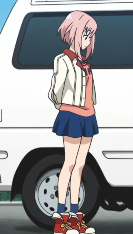 masterpiece,best quality,amazing quality,
<lora:yoshinokoharuNAI:1>,yoshinokoharu,
1girl,solo,pink hair,short hair,bangs,yellow hairpin,red eyes,white jacket,orange tank top,character print on tank top,blue pleated skirt,blue socks,red sneakers,full body,from side,standing,looking down,arms behind back,outdoors,day,blue sky,van in the background,