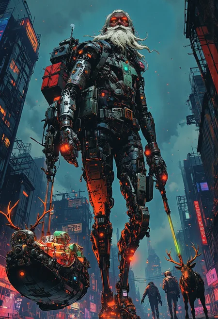 mythp0rt, cyberpunk, anime, A towering cybernetic Santa Claus, crafted entirely from intricate cyberpunk machinery. His robotic frame is adorned with glowing neon red and green accents, resembling holiday lights. A high-tech sleigh floats in the background, levitating with anti-gravity technology, while cyber-reindeer with chrome plating and LED eyes pull it. The urban backdrop is a futuristic cityscape with towering skyscrapers, bathed in a cool blue and purple hue. Intricate details in Santa's gears, pistons, and circuitry, with a mechanical sack spilling out holographic presents. Dramatic lighting emphasizes the reflective metallic surfaces. Ultra-detailed.