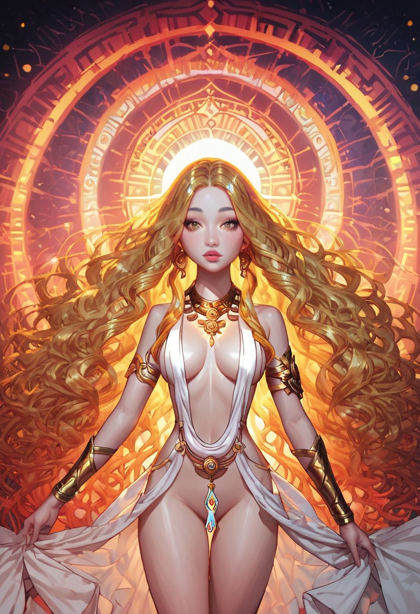 score_9, score_8_up, score_7_up, score_6_up, score_5_up, score_4_up, (hyperrealistic, intricate details), 1girl, (beautiful face, perfect lips:1.2), narrow waist, white skin, large eyes, gold eyes, gold aura, gold choker,  gold bracelets, gold ring, glowing skin, gold hair, rainbow coloured edges, (long hair:1.5), flowing hair, large gold earrings, gold waist bracelet, gold anklet, white robe, gold necklace, revealing robe, hair ornament, hair censor, bracer, armlet, dramatic lighting, Mandala background