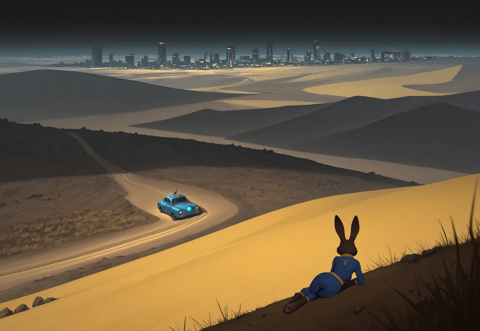 masterpiece, best quality, good quality, very awa, newest, highres, absurdres, highres, very aesthetic, (furry:1.5), fur, fur covered, (no humans:1.3), bycooliestylehigh, DS-Illu, hualidefengge,
BREAK,
1girl, solo, female anthro rabbit, medium breasts, oversize rabbit ears, fluffy brown fur, blue jumpsuit, yellow trim, vault girl clothing, "69" decal, lying on hood of car, on side, facing away, very wide shot, coat,
BREAK,
black sky, clouds, at night, landscape, scenery, mojave desert, fallout: new vegas, fallout \(series\), wasteland, city, new vegas, dry grass, plains, desert, roads, moonlight, night, dieselpunk, atompunk, hand over bench, limited palette, high angle view, valley, horizon, (negative space:1.3), high angle view, yellow filter,
BREAK, high contrast lighting, complementary colors, dynamic lighting, harsh light, depth of field, detailed background, evocative composition, dynamic contrasts