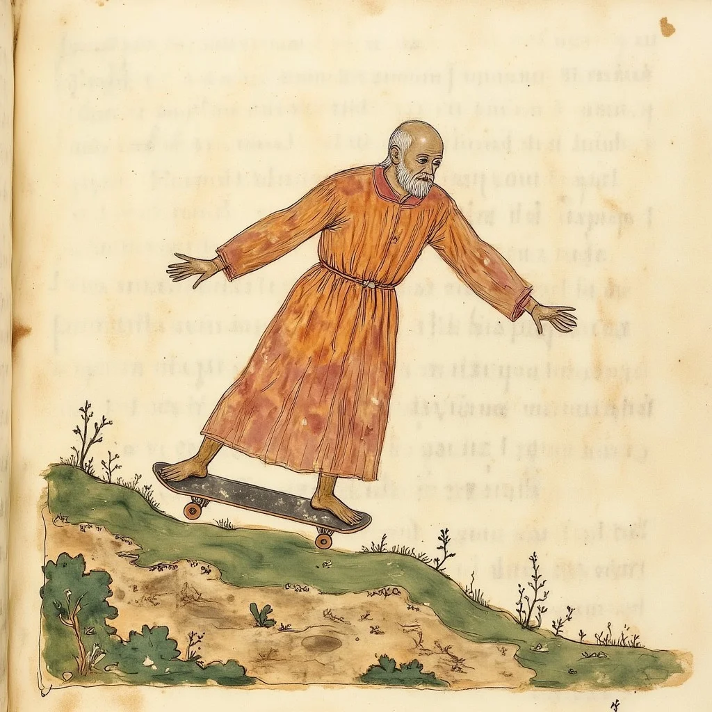 Illuminated manuscript illustration of a man in monk's robes doing a skateboard rail slide