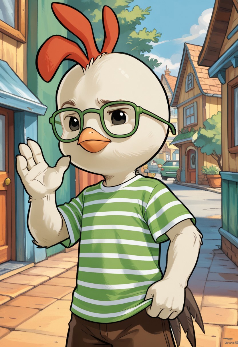 score_9, score_8_up, score_7_up, Chicken_Little, chicken, anthro, feathers, 1boy, black eyes, green glasses, striped shirt, brown shorts, tiny male, beak