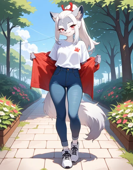 masterpiece, best quality, very aesthetic, absurdres,
outdoors, casual,
full body, posing,
seductive smile, parted lips, long eyelashes,
<lora:Hakuro_v01_NAIXL:1>
H4kur0,1girl,solo,furry,furry female,wolf girl,white hair,long sidelocks,bangs pinned back,ponytail,red eyes,snout,animal nose,body fur,two-tone fur,grey fur,white fur,wolf tail,