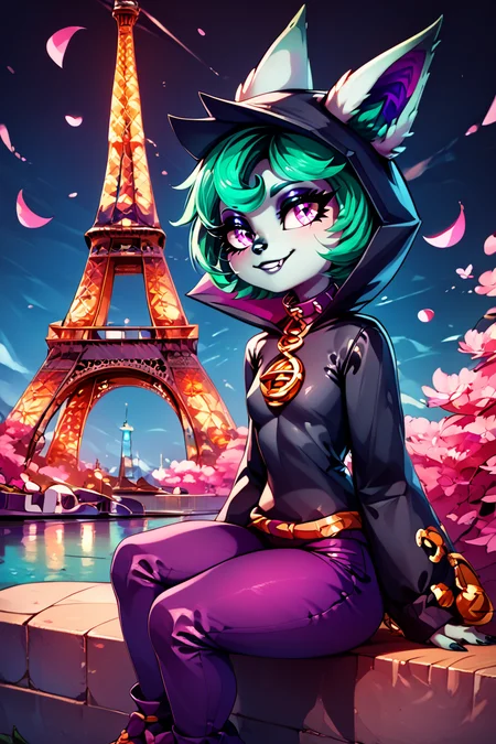score_9, score_8_up, score_8, medium breasts, (curvy), cute, eyelashes, BREAK, , zzVex, pink eyes, green hair, bangs, short hair, grey skin, colored skin, black hood, hood up, ears through headwear, white animal ears, black shirt, purple collar, golden ornament, long sleeves, sleeves past wrists, purple pants, <lora:Vex_PDXL:1.0>,, BREAK, zzEiffelTower in background, sitting, watercraft, boat, sitting on wall, side view, looking at viewer, smile, ,,, BREAK, blooming stars, luminescent petals, otherworldly fragrance blurry background, ,,, embedding:zPDXL, Expressiveh, ,,, <lora:EiffelTowerPDXL:1.0>, <lora:CatalystStylePDXL:0.6>, <lora:SDXLFaeTastic2400:0.5>, <lora:Expressive_H-000001:0.4>,