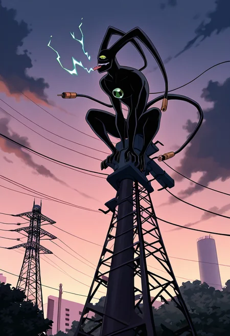masterpiece, best quality, amazing quality, very aesthetic, absurdres, newest
feedback, solo, smile, , tail, 1boy, no humans, green eye, single eye, , digimon (creature), black skin, , alien, , , cables, ,
power plant, electric power plant, electric tower, climbing, tongue out, licking electricity,