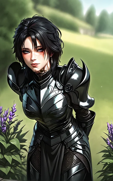 score_9, score_8_up, score_7_up, masterpiece, best quality, absurdres, solo, BREAK
BlackArmor_Evelyn_ownwaifu,
1girl, black hair, eyelashes, eyeliner, eyeshadow under eye, facial mark, grey eyes, lips, makeup, messy hair, neck tattoo, nose, pale skin, red eyeshadow, short hair, tattoo, freckles, jewelry, colored skin, cross earrings, medium hair, bangs, breasts,
black armor, ornate armor, pauldrons, spikes, shoulder armor, breastplate, gauntlets, full armor, pelvic curtain, knight, plate armor,
(leaning forward, arms behind back), cowboy shot, garden, wisteria, outdoors, <lora:PONYXL_BaldurGate3_Evelyn_ownwaifu:0.85> , depth of field