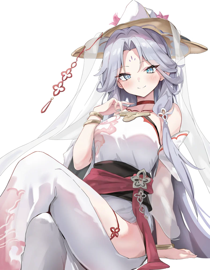 looking at viewer,1girl,solo,white background,simple background,cowboy shot,yingshanke,forehead mark,<lora:yingshanke-000014:1>,sitting,smile,, masterpiece, best quality, very aesthetic, absurdres,newest, incredibly absurdres,, toshizou \(0714\)