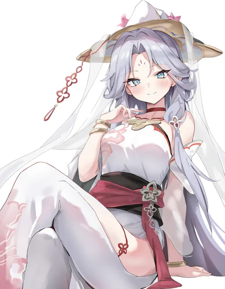 looking at viewer,1girl,solo,white background,simple background,cowboy shot,yingshanke,forehead mark,<lora:yingshanke-000014:1>,sitting,smile,, masterpiece, best quality, very aesthetic, absurdres,newest, incredibly absurdres,, toshizou \(0714\)